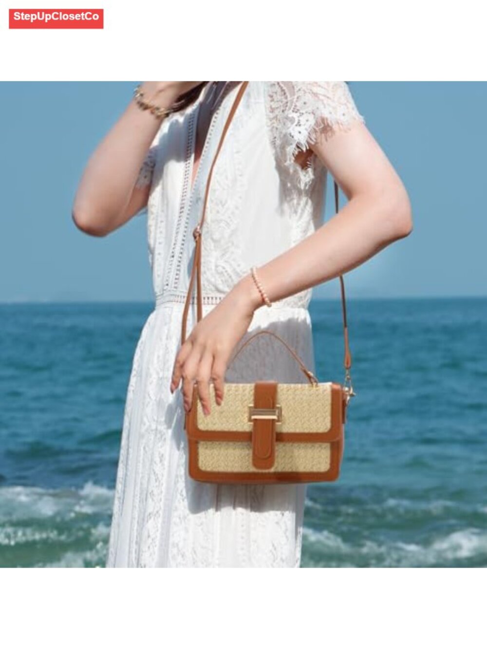 Woven Straw Crossbody Bag for Women Summer Beach Purse PU Leather Top Handle - Picture 3 of 6